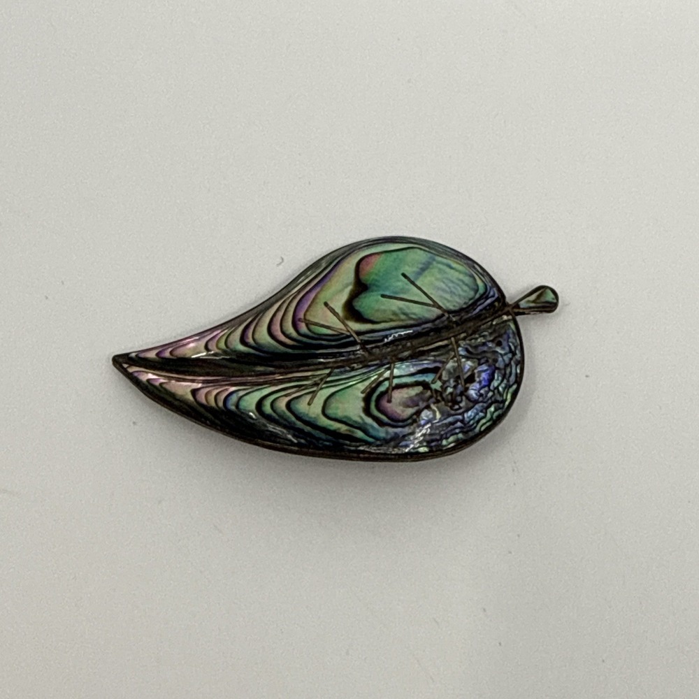 Vintage ASM Mexico Cuernavaca Leaf Abalone Shell Inlay Sterling Silver Brooch
